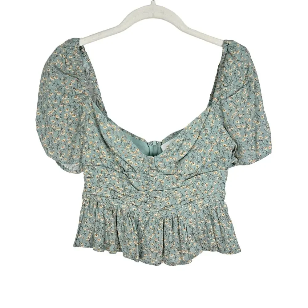 ASTR The Label Blue Ditsy Floral Cropped Peplum Ruched Top Puff Sleeve Size S